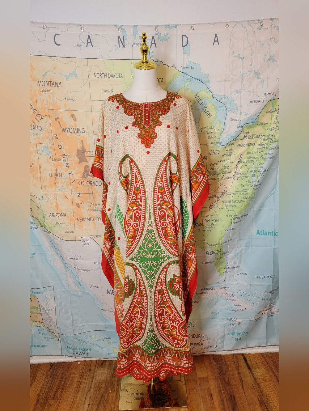 Boho Paisley Kaftan Dress Cream & Orange Print Size M